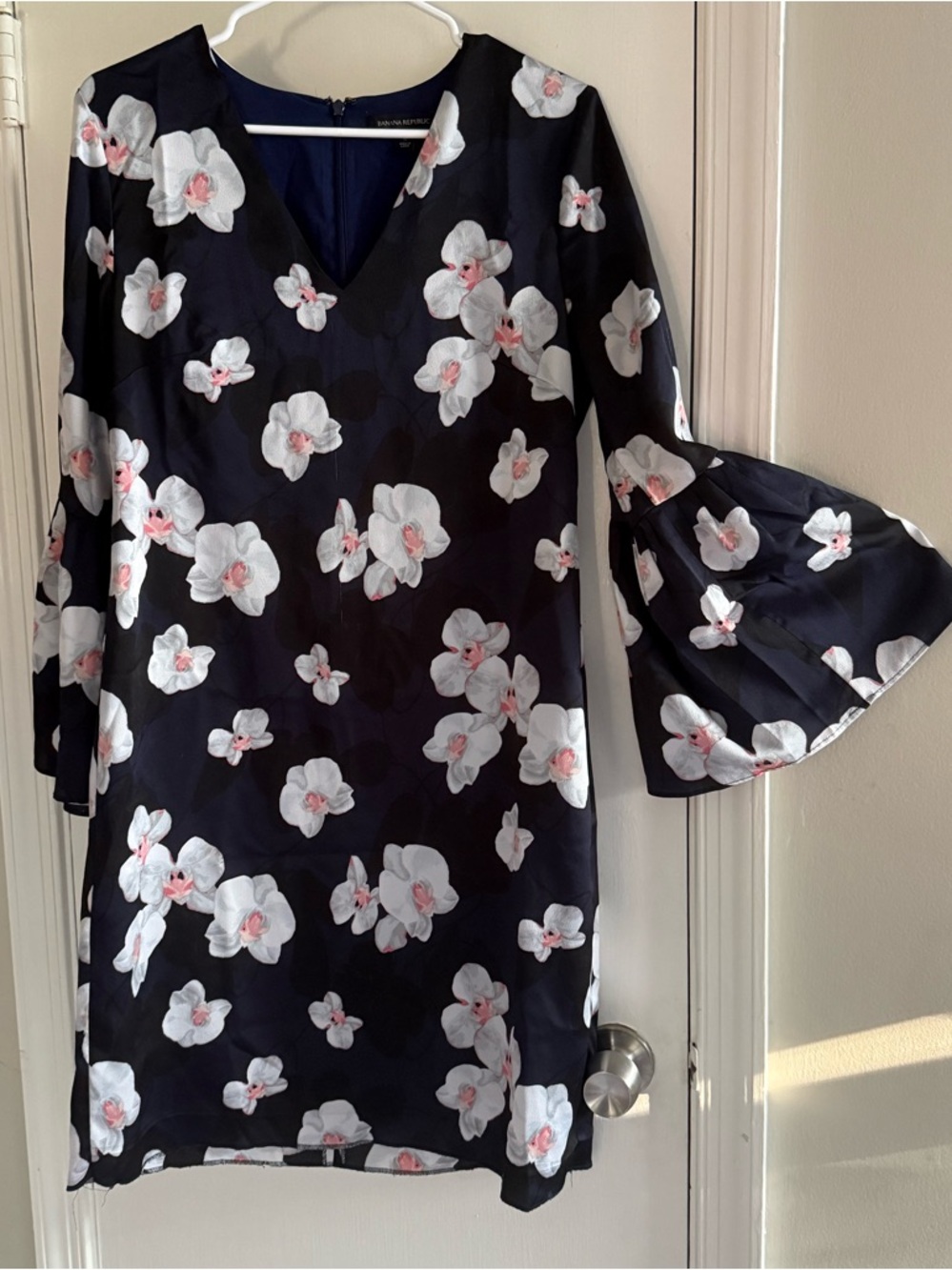 Banana Republic Navy Floral V-Neck Dress with White & Pink Flowers